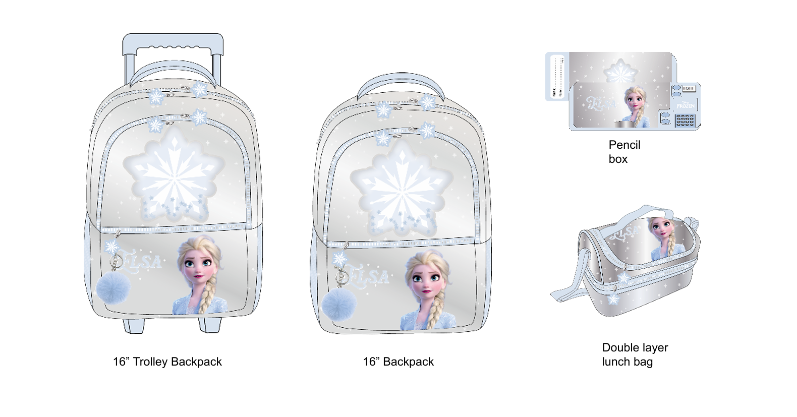Frozen - Elsa Snowflake complete set - trolley backpack, backpack, lunch bag, and pencil case