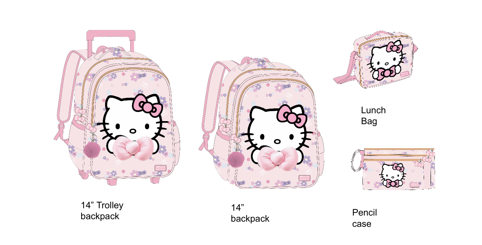 Hello Kitty - Floral complete set - trolley backpack, backpack, lunch bag, and pencil case