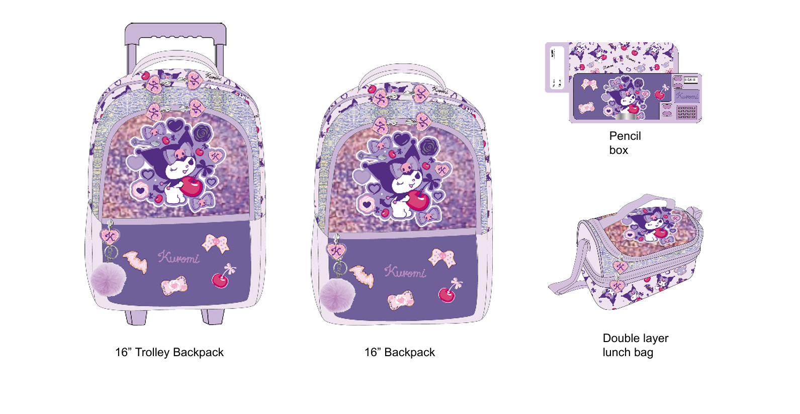 Kuromi - Sequin complete set - trolley backpack, backpack, lunch bag, and pencil case