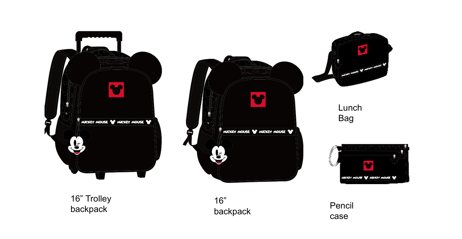 Mickey Mouse - Black complete set - trolley backpack, backpack, lunch bag, and pencil case