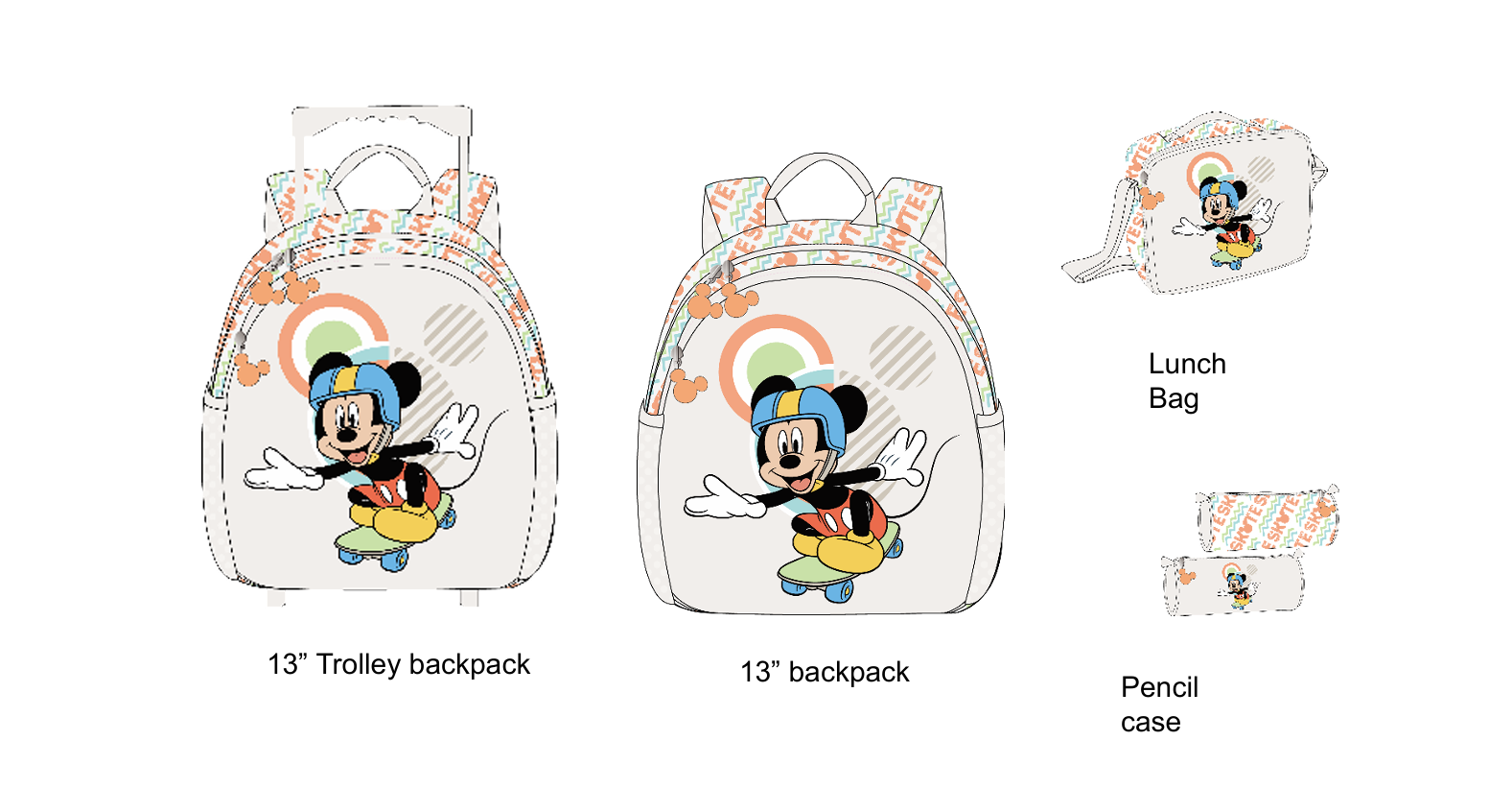 Mickey Mouse - Skateboard complete set - trolley backpack, backpack, lunch bag, and pencil case