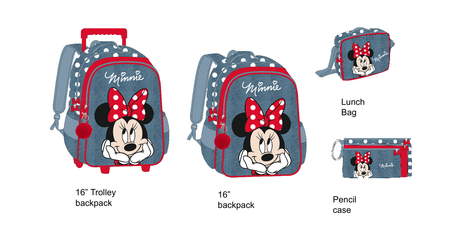 Minnie Mouse - Denim complete set - trolley backpack, backpack, lunch bag, and pencil case