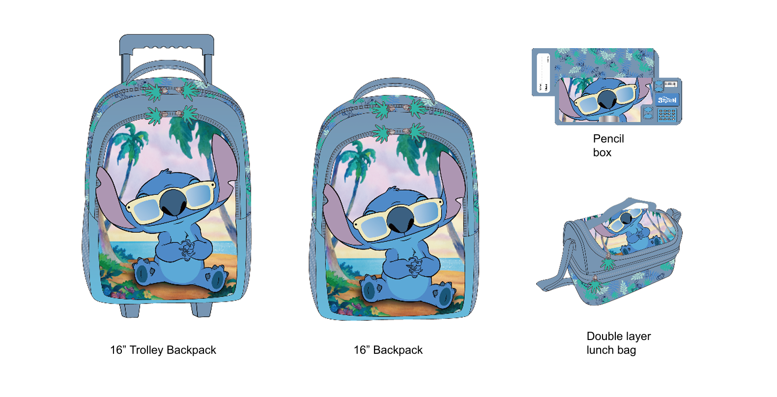 Stitch - Tropical complete set - trolley backpack, backpack, lunch bag, and pencil case